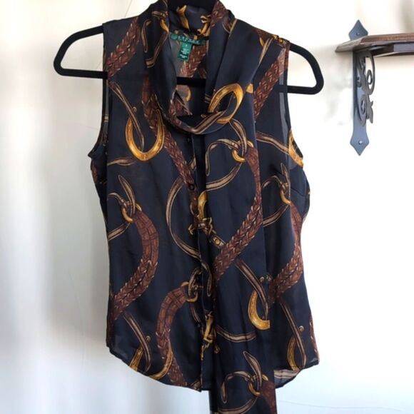 Vintage Ralph Lauren 100% Silk Equestrian Sleeveless Tie Front Blouse - Picture 2 of 12